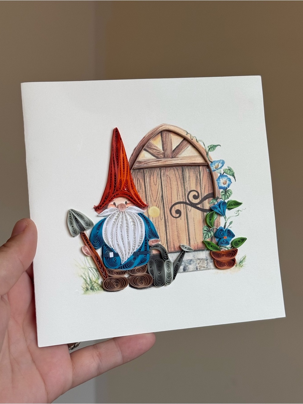 6x6" Artisan Handmade Unused Quilled Garden Gnome Greeting Card by Quilling